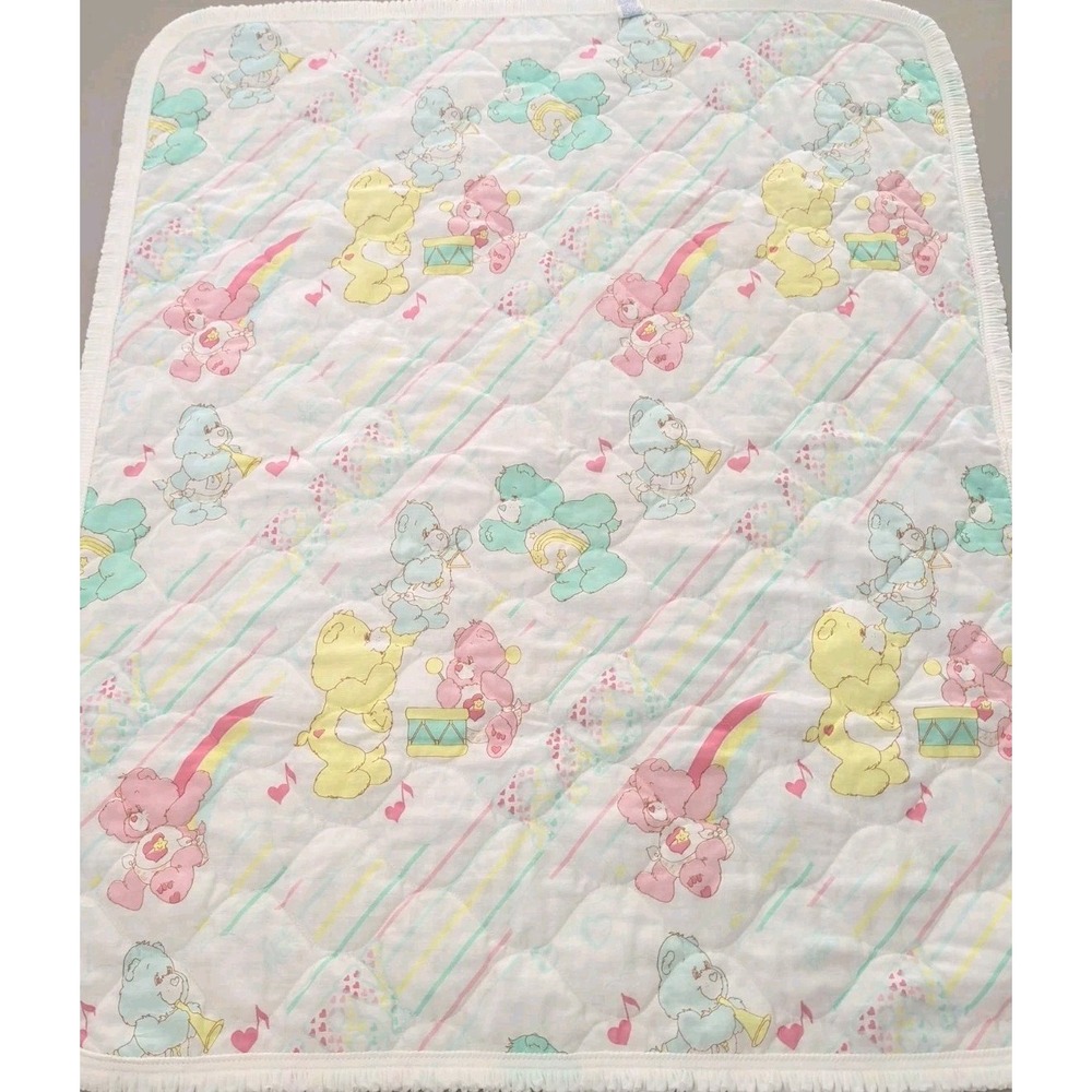 Vintage Care Bears Crib Quilted Comforter Blanket Pastel Music Rainbow 43"x34"